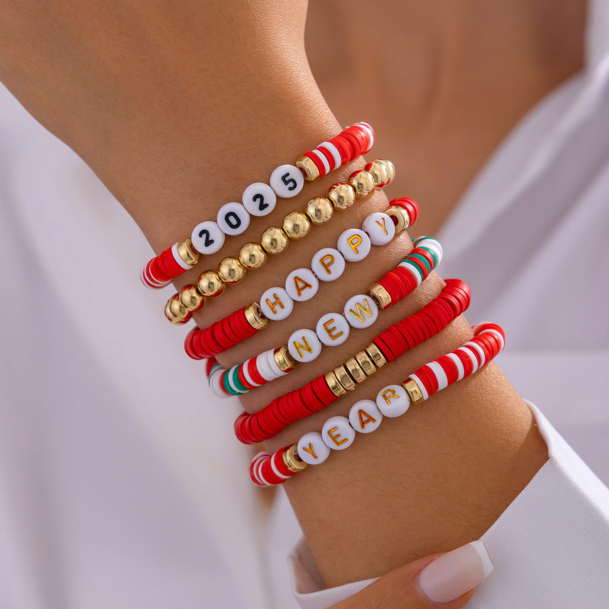 Braccialetti elasticizzati geometrici in stile vacanza con lettere e perline per donne, set di braccialetti fatti a mano in argilla polimerica con perline colorate in argilla morbida