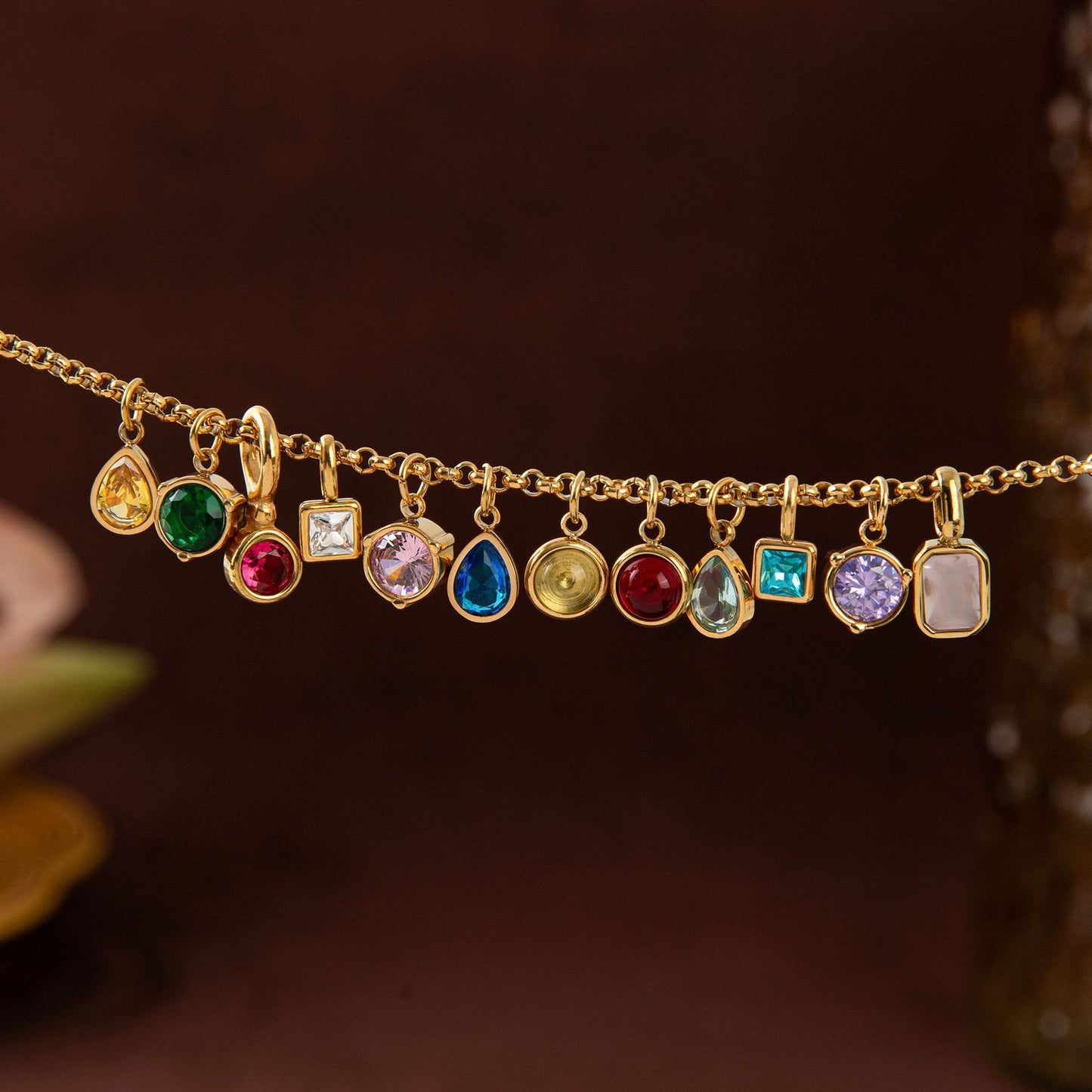 Vintage Geometric Stainless Steel 18K Gold PVD Plated DIY Charm Bar Necklace with 12 Birthstones