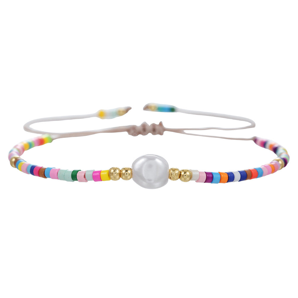 Bohemian Style Adjustable Braided Pearl Beaded Bracelet for Women with Rice Beads and Geometric Design