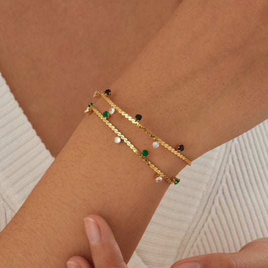 Gold Plated Stainless Steel Rope Chain Bracelet with Geometric Rhinestone Pendant