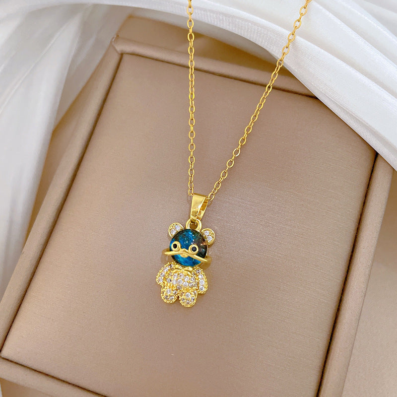 Sweet Luxury Geometric Animal Rhinestone Pendant Necklace Titanium Steel Cable Chain for Unisex