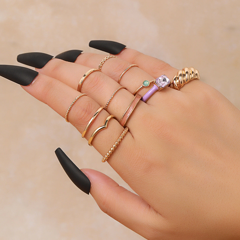 Minimalist Sweet Gold Plated Geometric Round Alloy Rhinestone Knuckle Ring Set for Women