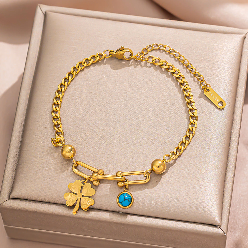 Geometric Stainless Steel Plated 18K Gold Butterfly-Shaped Bracelet with Turquoise Inlay and Horseshoe Clasp
