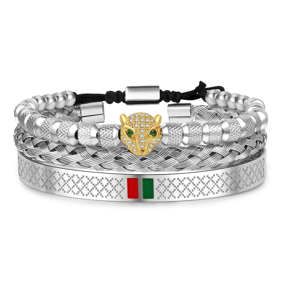 Hip-hop Men's Brass Cubic Zirconia Leopard Head Stainless Steel Bracelet Cuff Set