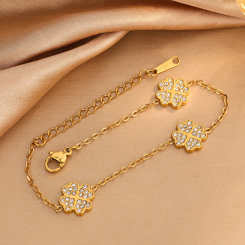 Elegant Four-Leaf Clover Rhinestone Inlay Stainless Steel Necklace Bracelet Earring Set for Women