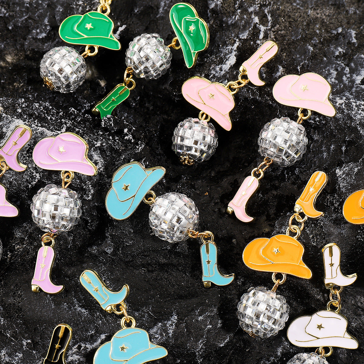 Sweet-Edgy Asymmetrical Oil-Dripped Cowboy Western Style Earrings with Hat and Boot Motifs and Ball Accents in Alloy
