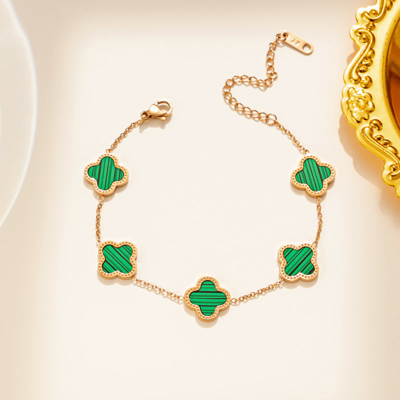 Bracciale in Acciaio al Titanio con Trifoglio a Quattro Foglie Geometrico Leggero di Lusso Placcato Oro Rosa 18K