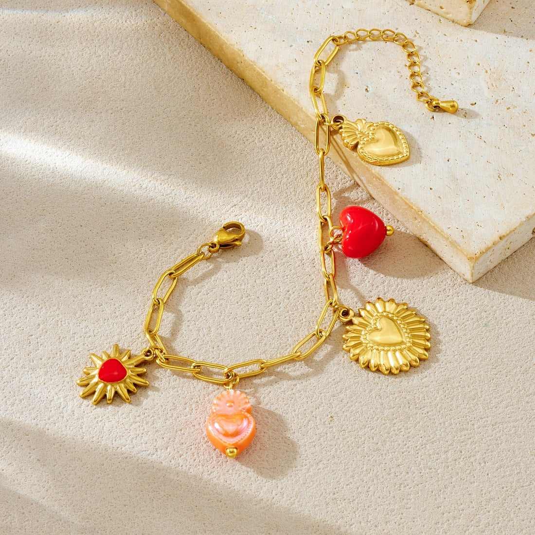 Vintage Elegant Gold Plated Drip Oil Heart Floral Stainless Steel Pendant Curb Chain Jewelry Set for Women