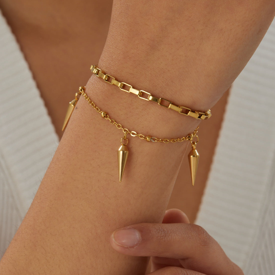 Casual Gold Plated Stainless Steel Bracelet with Rivet Details