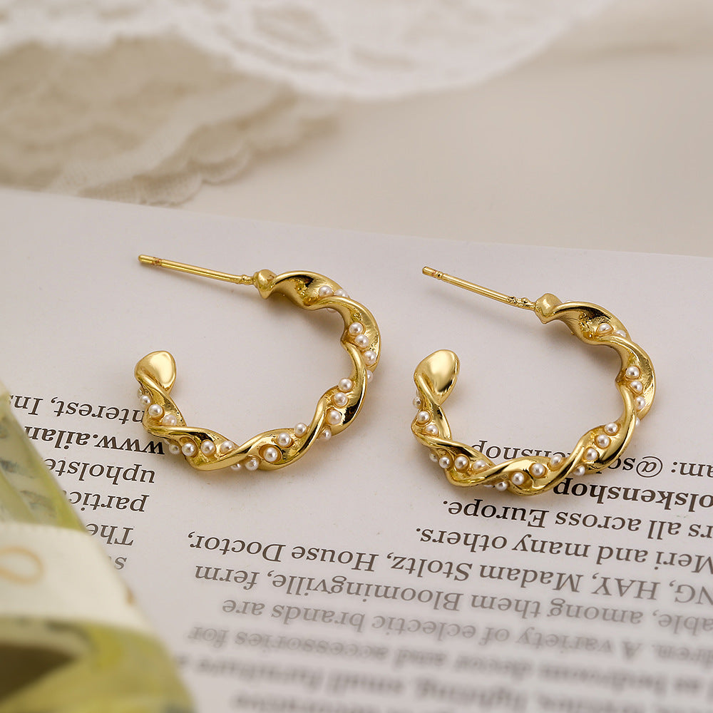 Fashion Geometric Micro-Set Zircon Pearl Copper Earrings with 18K Gold Plating for Women