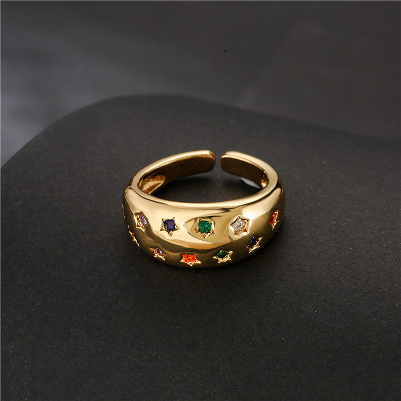 Anello a Stella Aperta Geometrico Minimalista da Donna in Ottone con Placcatura in Oro 18K e Intarsio di Zirconi Colorati