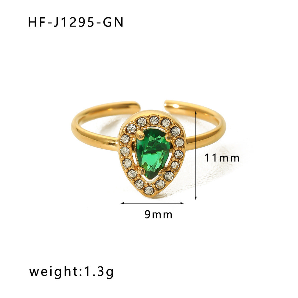 Vintage Stainless Steel Heart-Shaped Geometric Ring with Zircon Inlay and 18K Vacuum Plating for Women