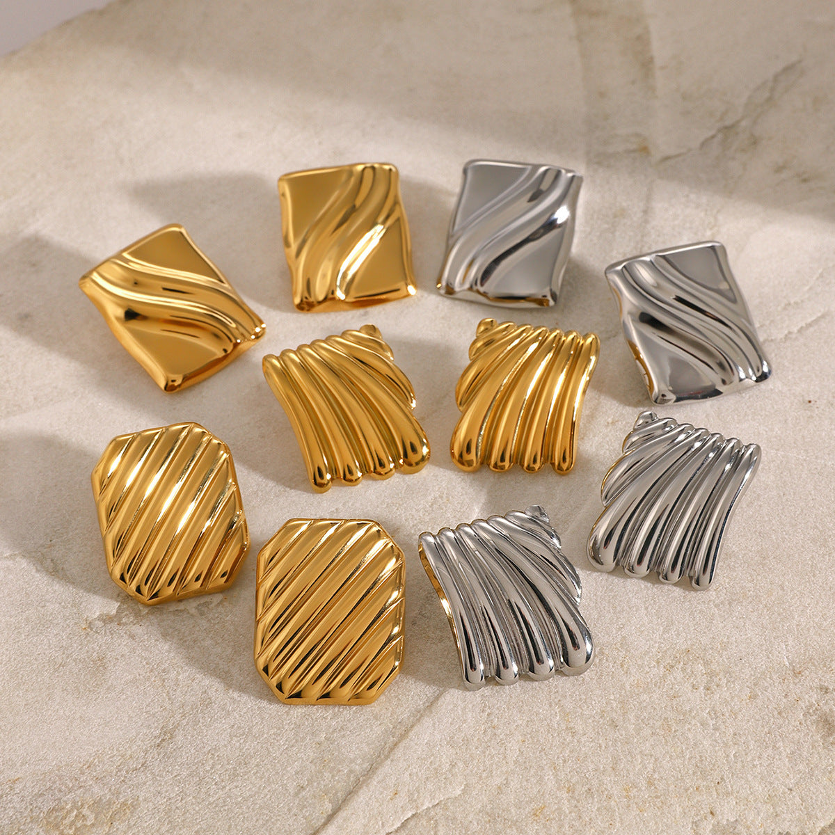 Fashionable Geometric Stainless Steel Stud Earrings with Wavy Texture and Plated Finish for Women