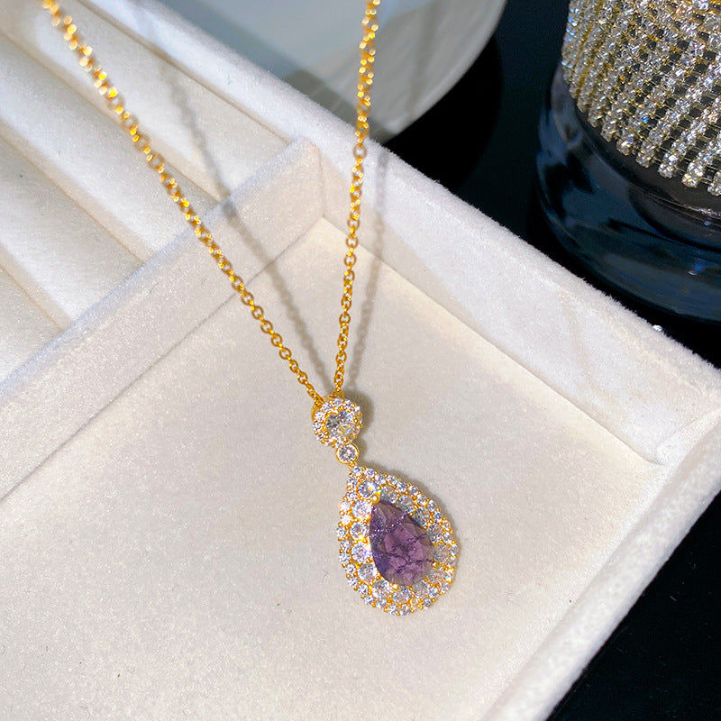Sweet Sporty Purple Teardrop Heart Crystal Pendant Titanium Steel Necklace Cable Chain