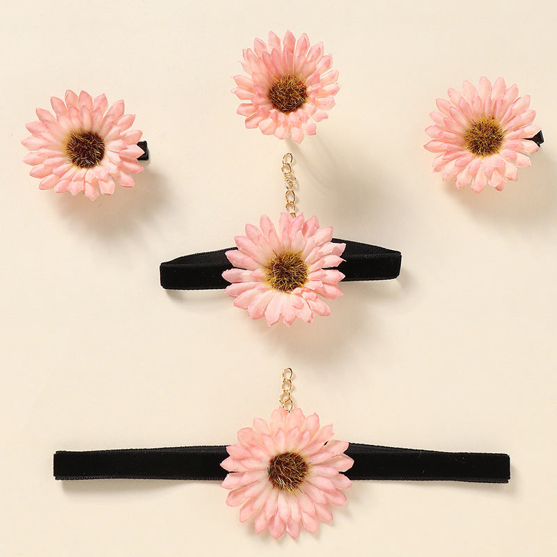 Rustic Floral Daisy Children's Jewelry Set with Hairpin Necklace Bracelet and Ring in Plastic Resin