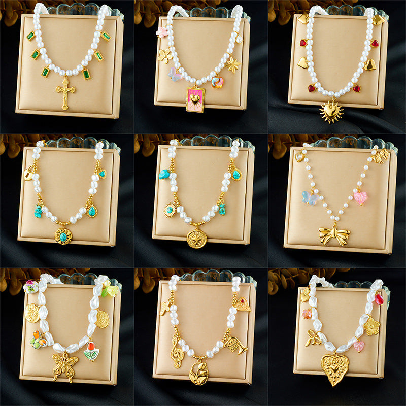 Vintage Elegant Heart Bow Stainless Steel Plated Pearl Ball Chain Necklace for Women