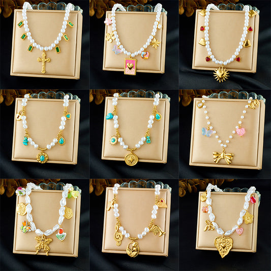 Vintage Elegant Heart Bow Stainless Steel Plated Pearl Ball Chain Necklace for Women