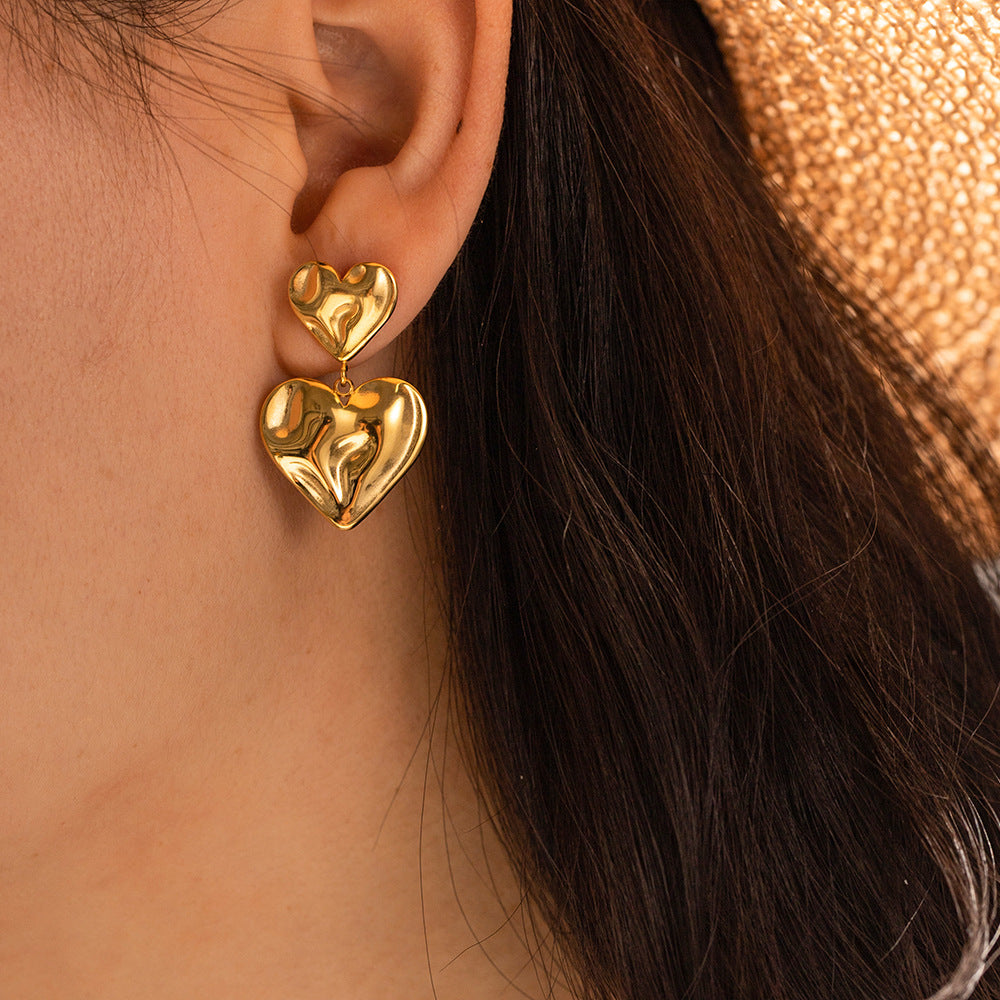 Trendy Ins Style 18K Plated Hammered Heart Pendant Earrings for Women
