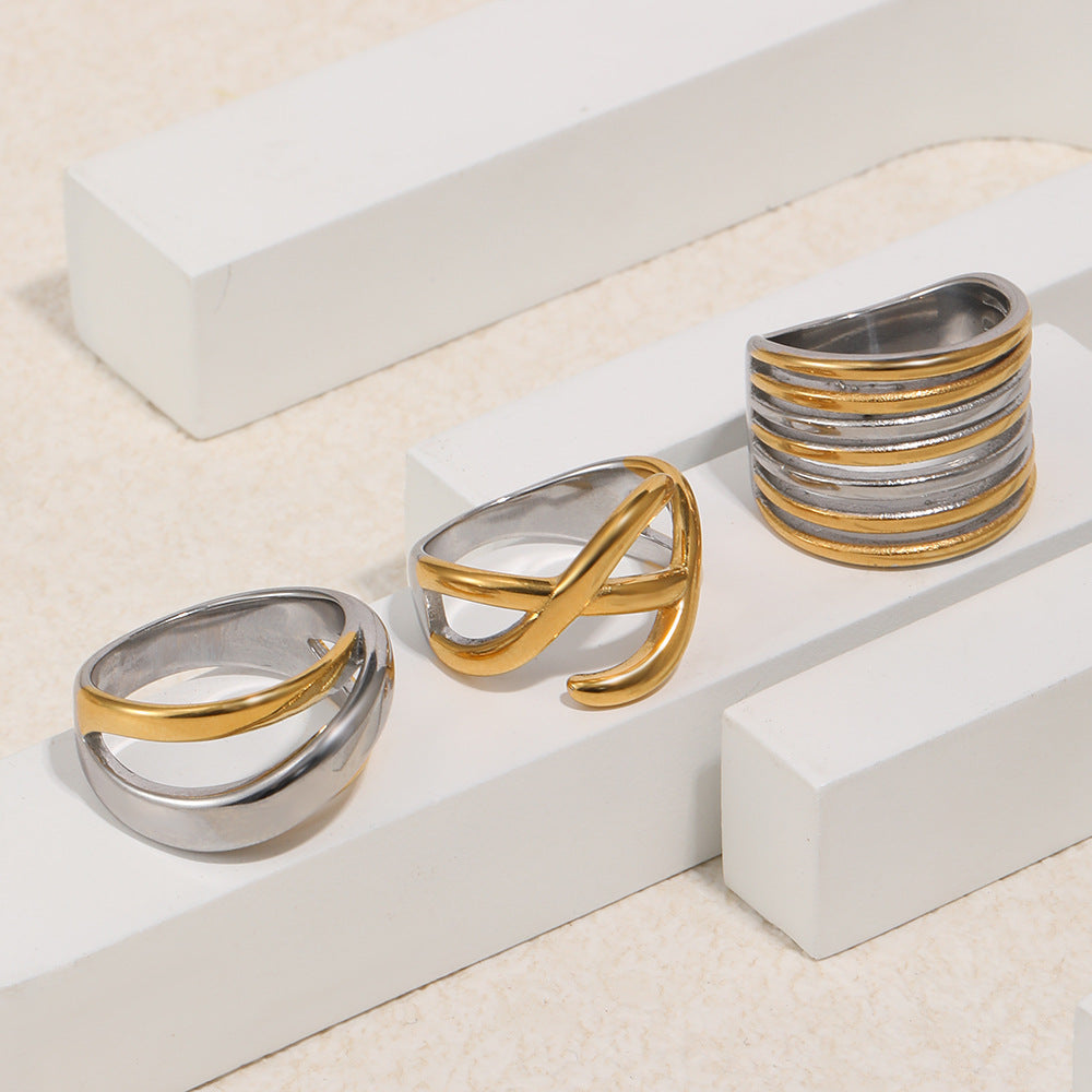 Fashion Minimalist Two-Tone Geometric Stainless Steel Gold Plated Ring for Women