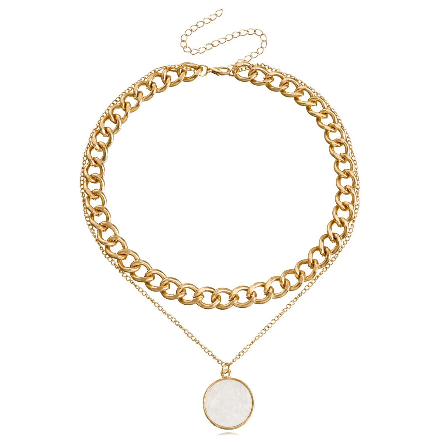 Minimalist Geometric Round Mother-of-Pearl Pendant Necklace for Women with Alloy Chain and Electroplated Finish