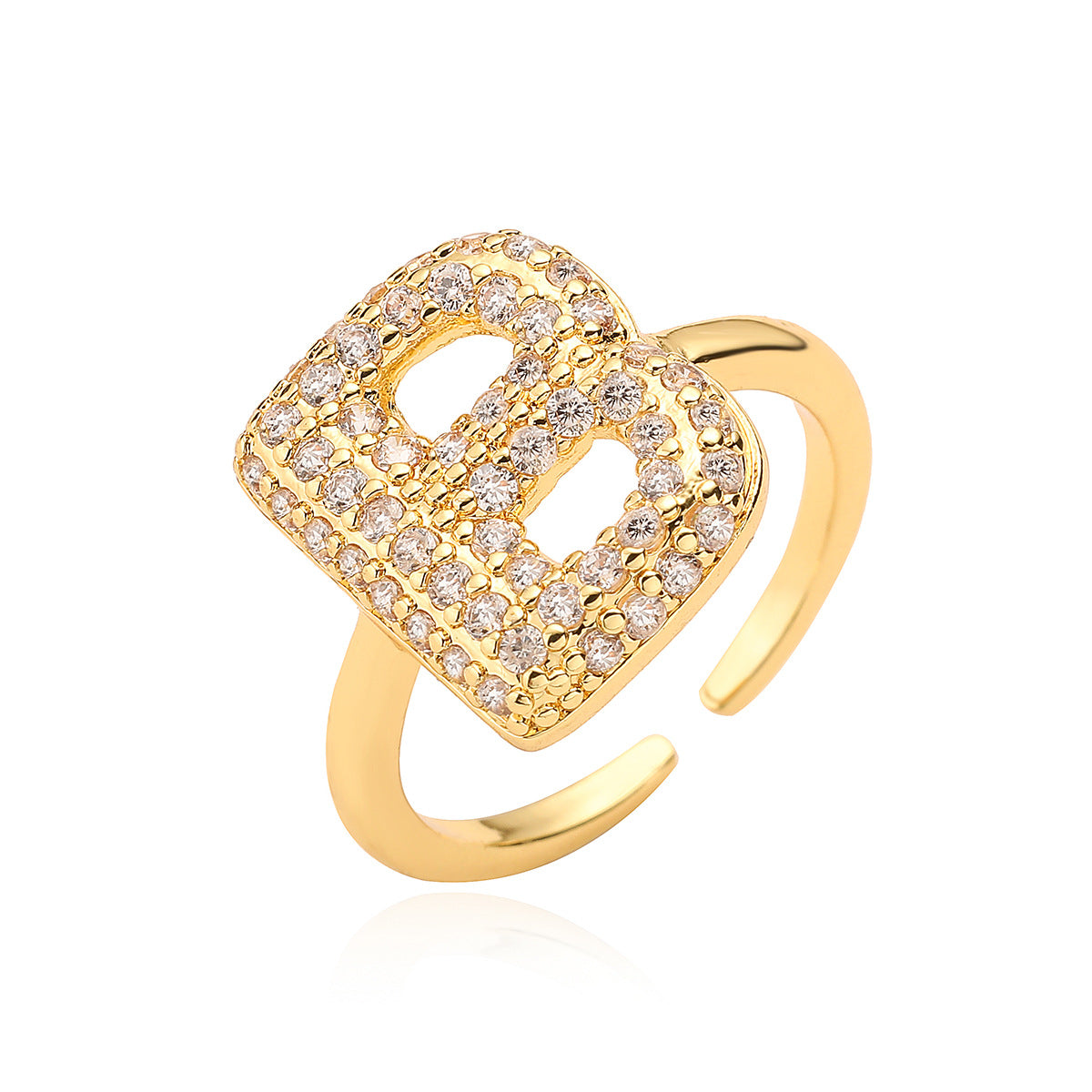 Anillo de cobre minimalista de forma geométrica con letras, chapado en oro de 18K y detalles de circonita para mujer