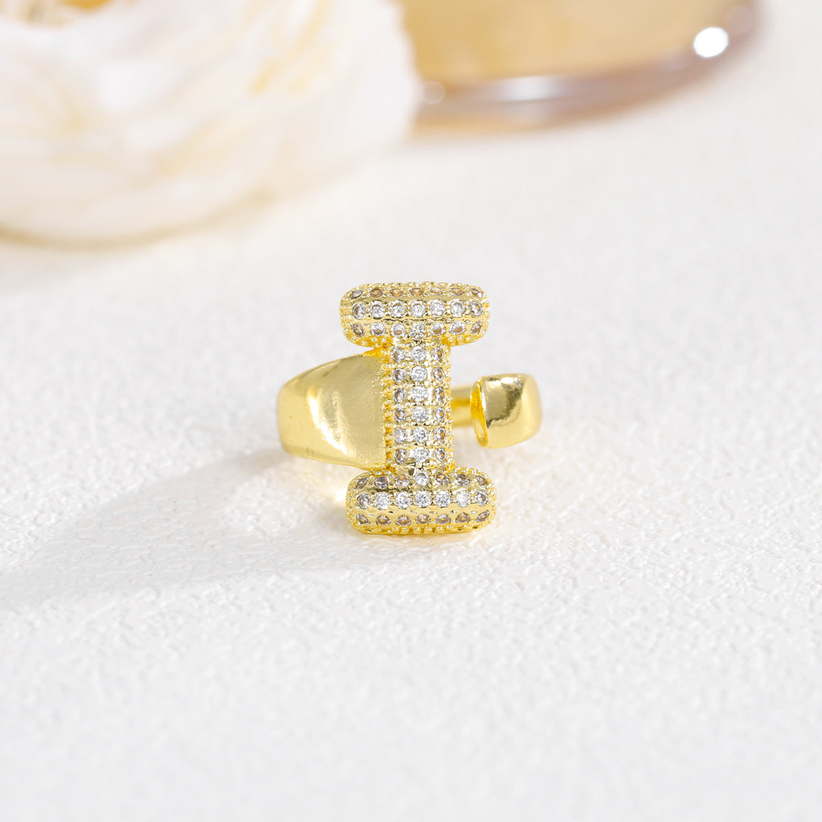 Sweet Plated Brass Letter Ring with Cubic Zirconia Adjustable Open Ring for Women and Men