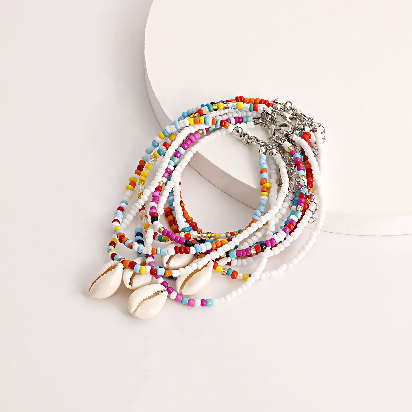 Bohemian Double-Layer Beaded Shell Anklet for Women in Alloy with Geometric Design Summer Beach Jewelry