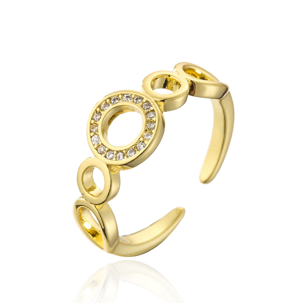 Anello Aperto Geometrico Stile INS da Donna Realizzato in Rame con Placcatura in Oro 18K e Zirconi Micro-Incastonati