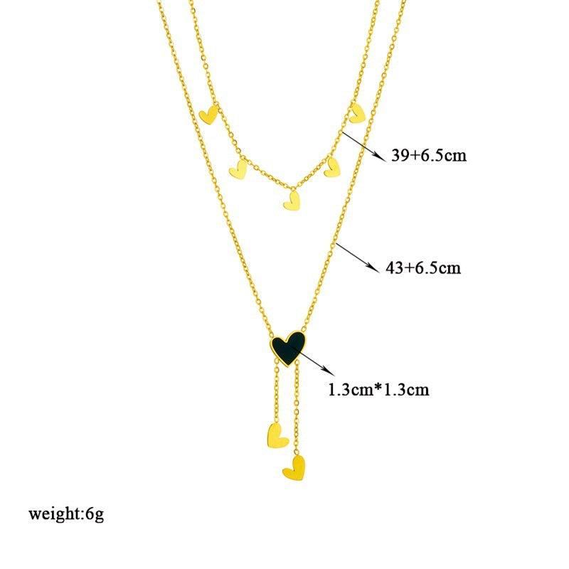 Minimalist Geometric Pendant Necklace with Enamel Heart Charm and Fringe Detail in Titanium Steel