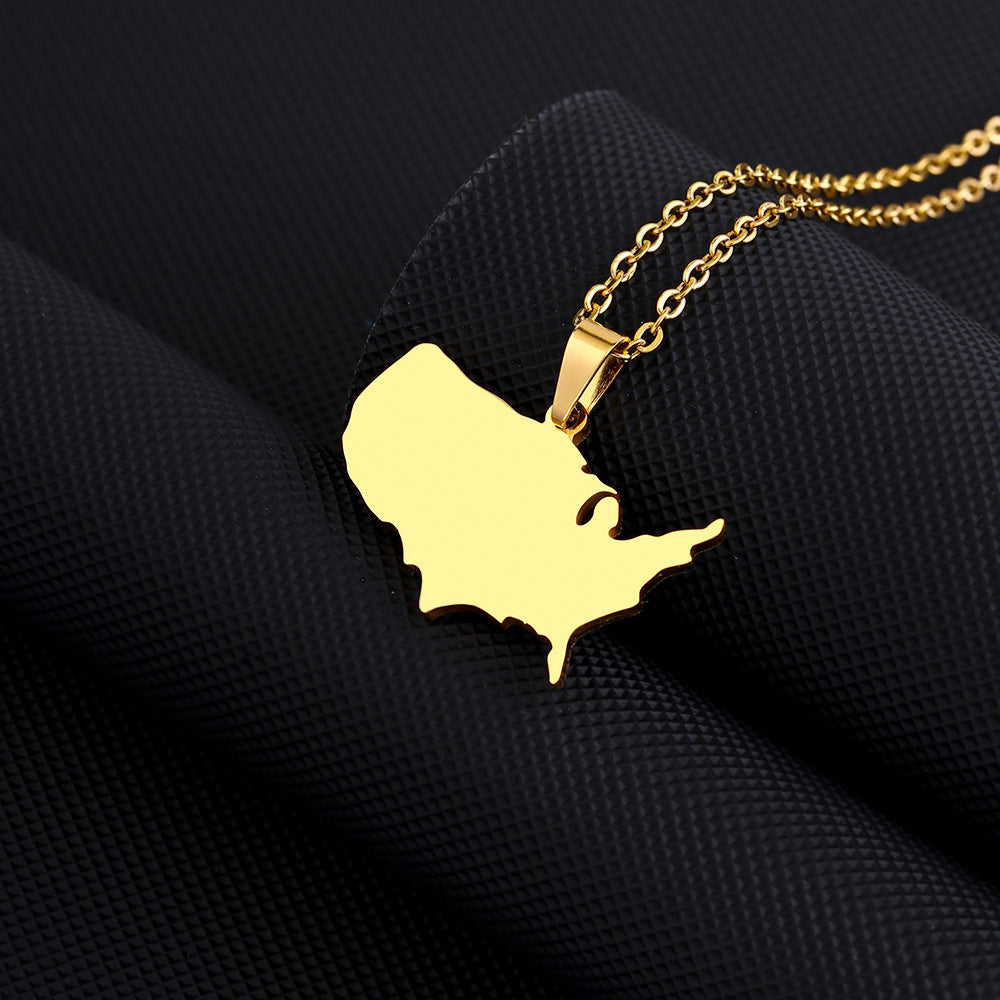 Geometric American Map Pendant Necklace in Stainless Steel with Titanium Steel Charm and Electroplated Finish for Unisex Fashion Wear