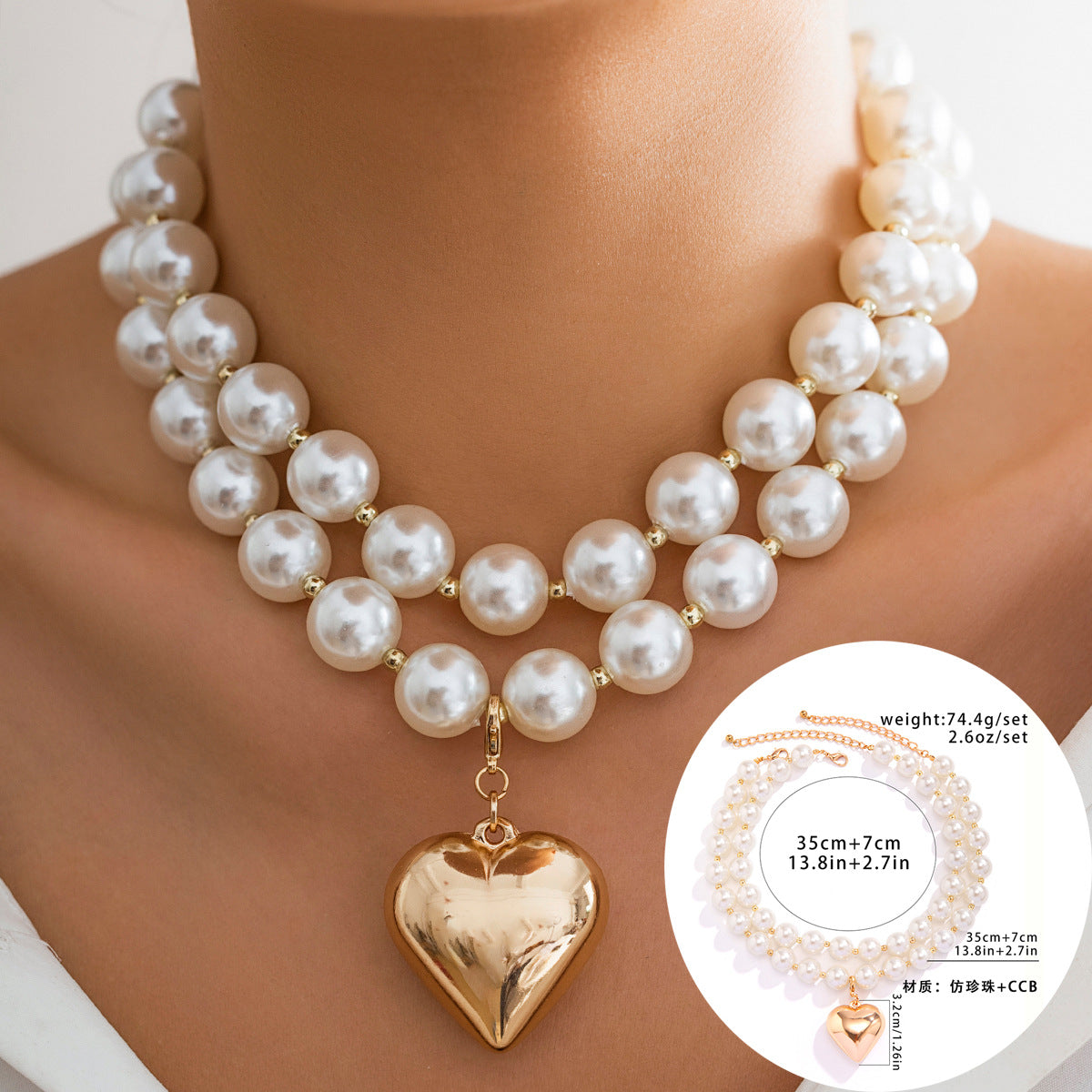 Cyberpunk Style Heart-Shaped Geometric Pendant Necklace with Imitation Pearl Beads Electroplated Multi-Layer Round Bead Chain for Women