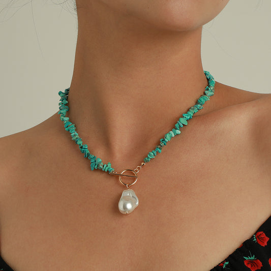 Minimalist Geometric Alloy Necklace with Mother-of-Pearl Pendant and Turquoise Accents, Electroplated Finish