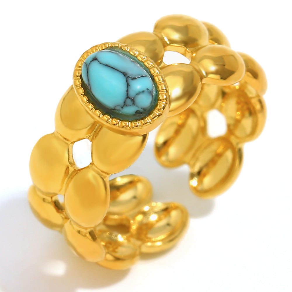 Anello Minimalista Geometrico da Donna in Acciaio Inossidabile Placcato Oro 18K con Intarsio Turchese