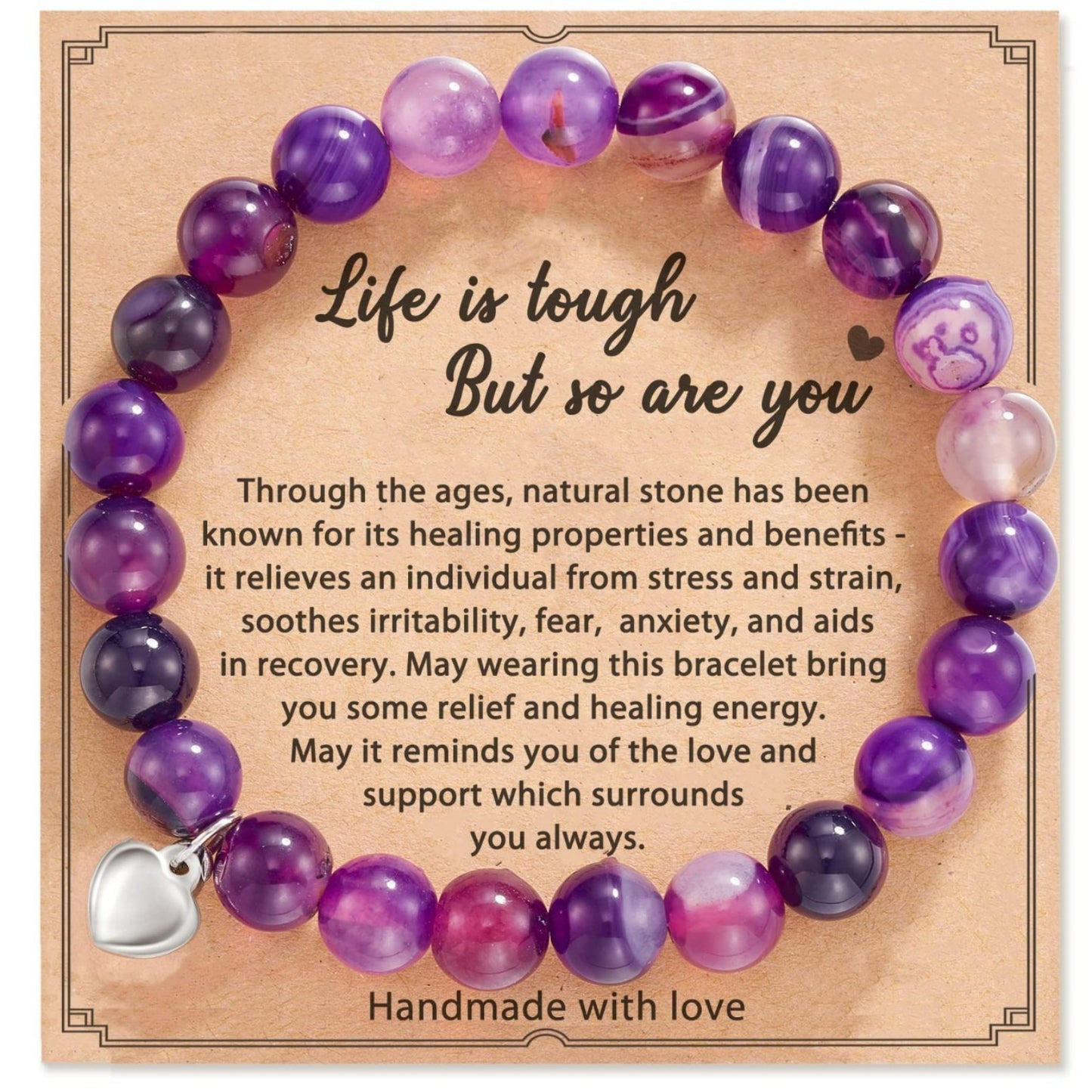 Minimalist Stainless Steel Amethyst Crystal Heart Beaded Bracelet Unisex Business Gift