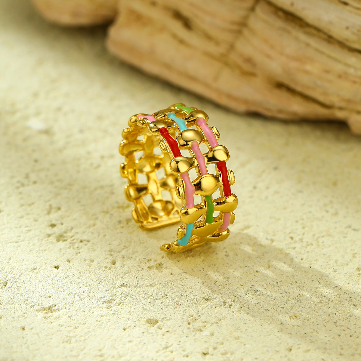 Anillo minimalista de acero inoxidable geométrico con baño de oro de 18K para mujer, acento de esmalte de color