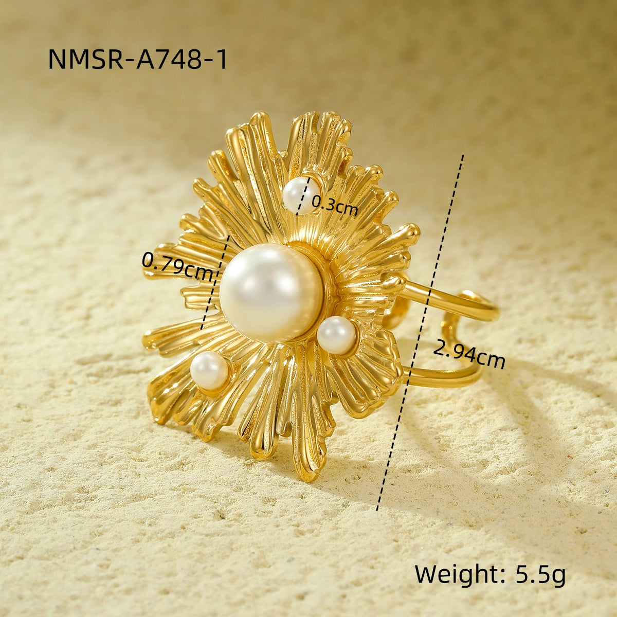 Elegante anillo de acero inoxidable con forma irregular de pétalo e incrustaciones de perlas para mujer, con lujoso acabado texturizado y diseño geométrico