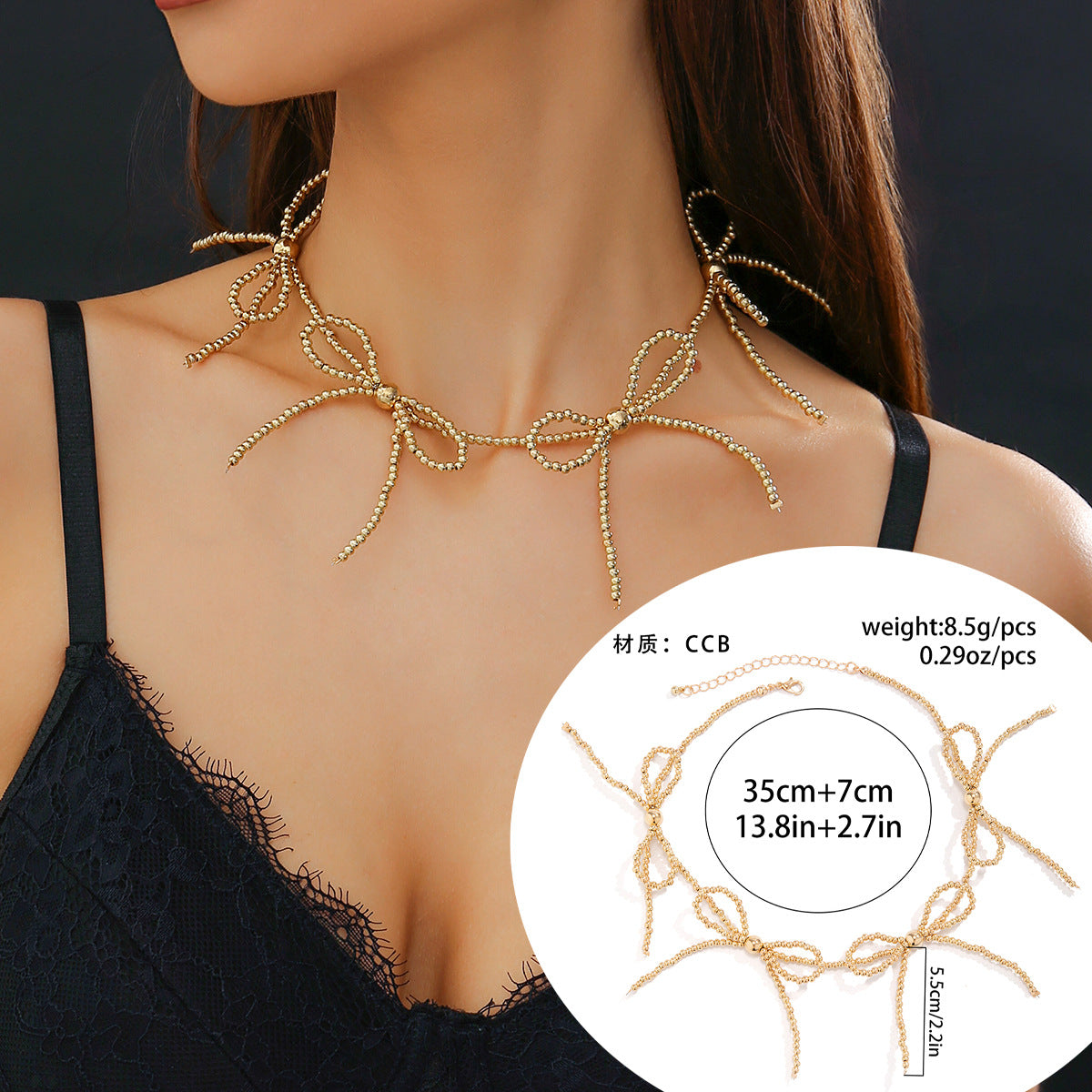 Gargantilla minimalista con forma de lazo con perlas de imitación y colgante de aleación en cadena de cuentas redondas para mujer