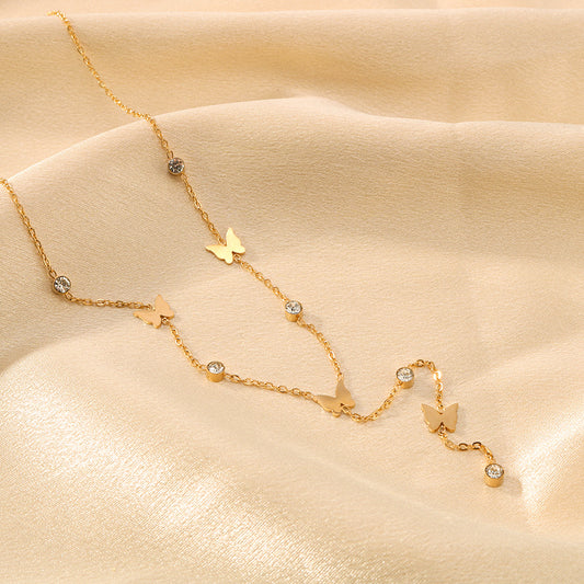 Minimalist Butterfly Pendant Necklace in Titanium Steel with 18K Gold Plating on O-Chain for Women