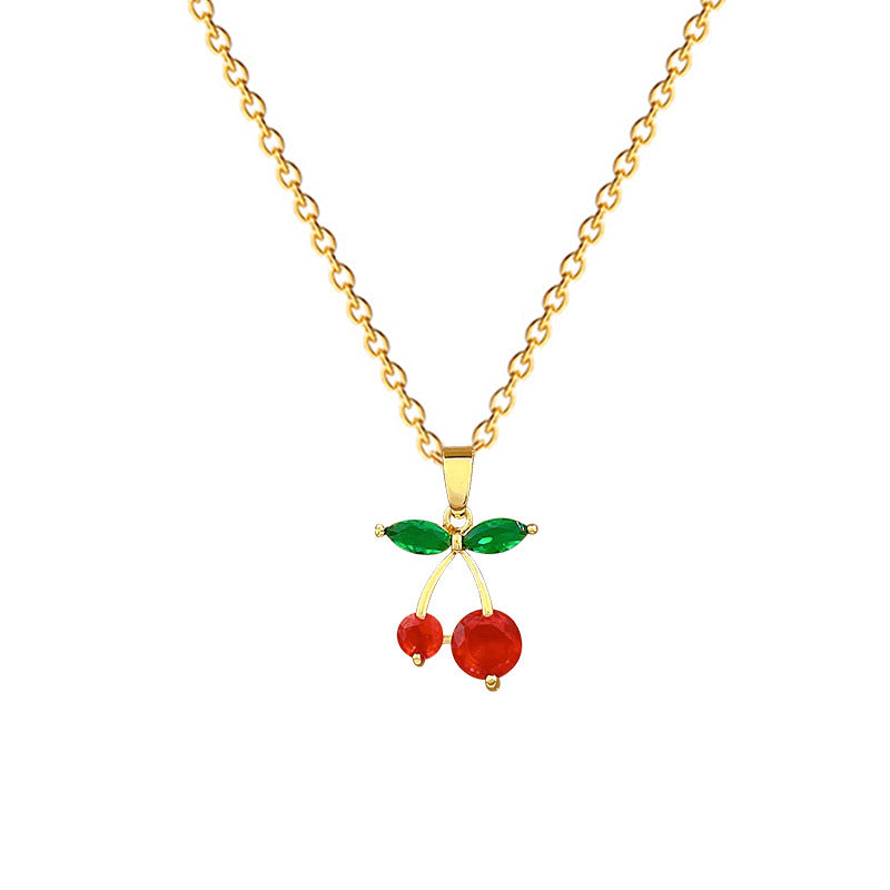 Collar con colgante de cereza de dibujos animados para mujer, de acero inoxidable con incrustaciones de diamantes de imitación y delicada cadena de clavícula