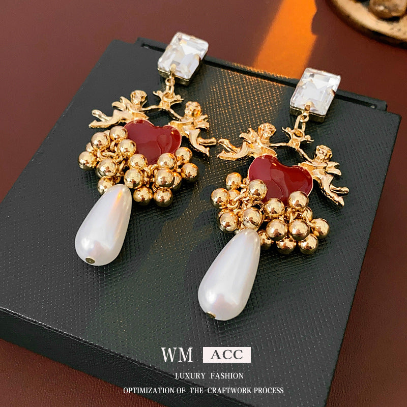 Vintage Heart-Shaped Enamel Alloy Stud Earrings with Tassel Accents for Women
