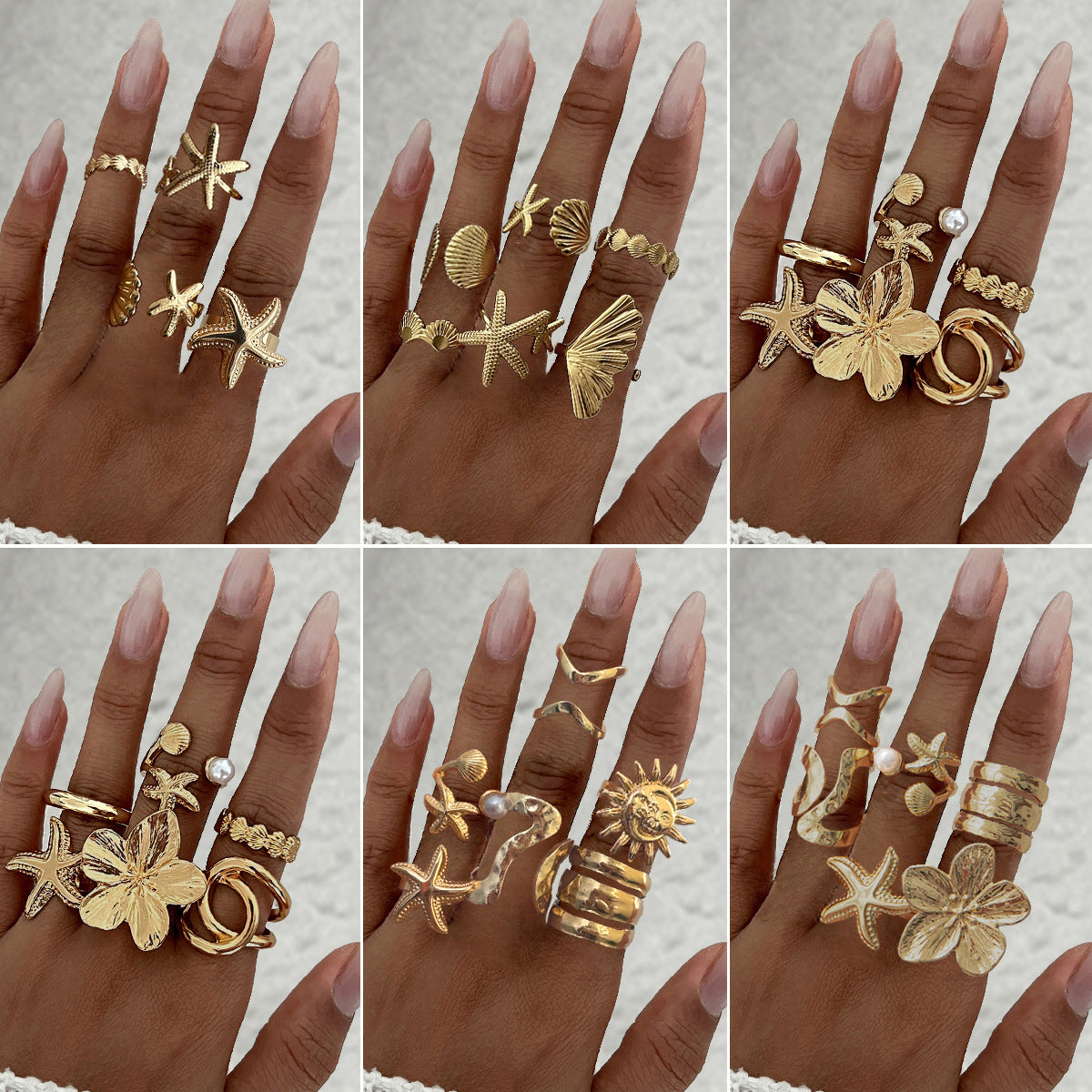 Anello aperto in lega vintage da donna con girasole geometrico e stella, con finitura placcata