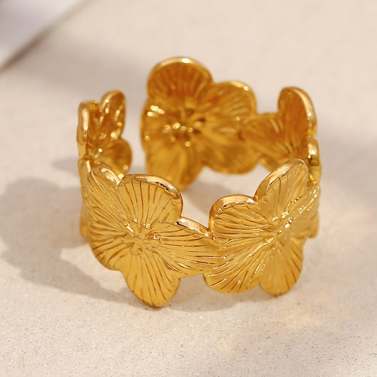 Vintage-Inspired Floral Open Ring for Women in Stainless Steel with 18K Gold Plating