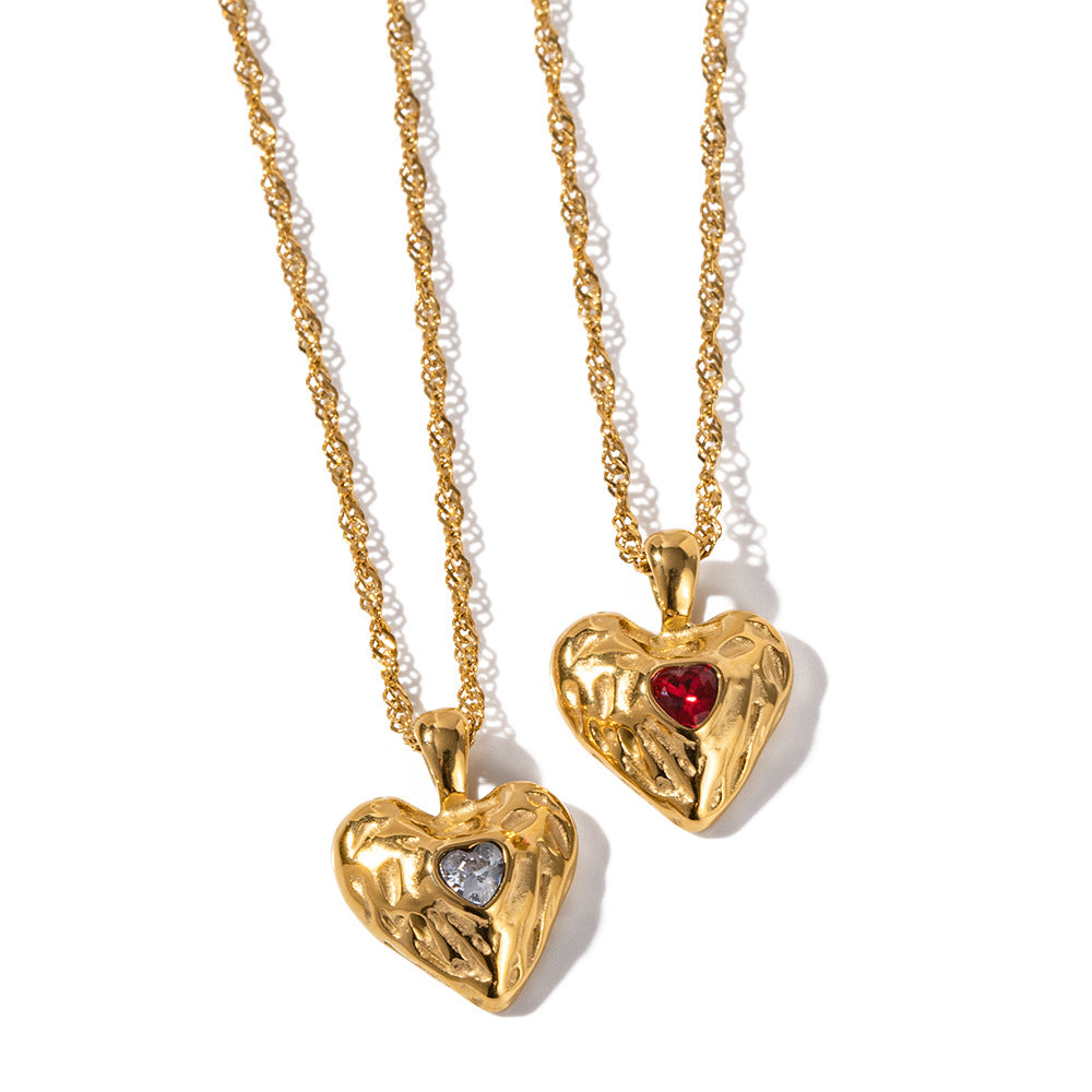 Minimalist Heart-Shaped Titanium Steel Pendant Necklace with 18K Gold Plating and Cubic Zirconia Inlay for Women