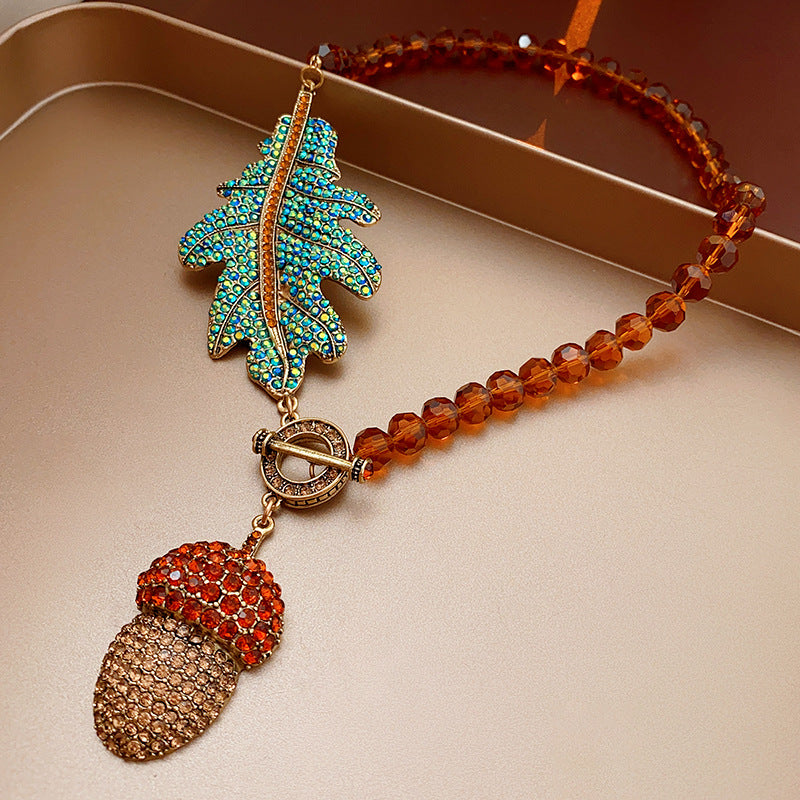 Vintage Style Leaf and Pinecone Pendant Necklace for Women Alloy Metal Plated Clavicle Chain with Geometric Design