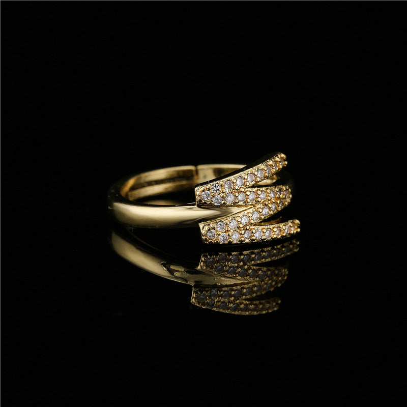 Fashion 18K Gold Plated Brass Micro-inlay Letter Ring Adjustable Open Band for Women