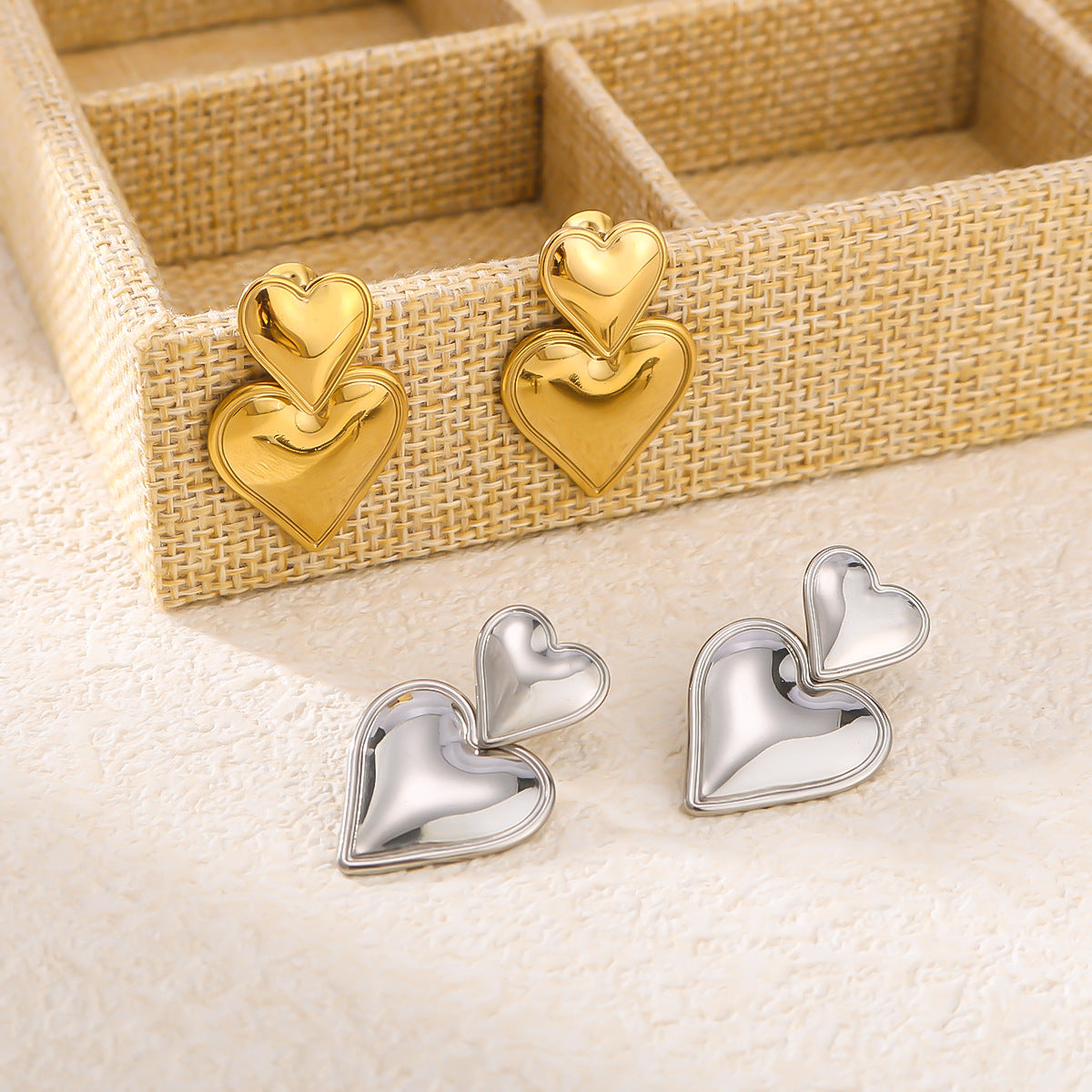 Minimalist Geometric Double-Layer Heart-Shaped Pendant Earrings in Stainless Steel with 18K Gold Plating