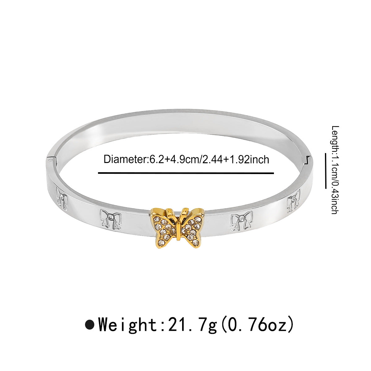 Bracciale alla moda con fiocco e strass a forma di cuore in acciaio inossidabile placcato oro 14K da donna