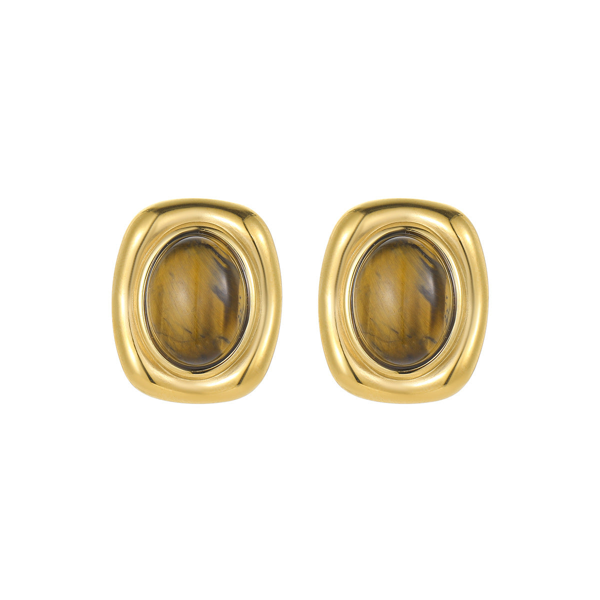 Pendientes de Botón Ovalados de Ojo de Tigre Estilo "Old Money" Francés Vintage para Mujer de Acero Inoxidable con Baño de Oro