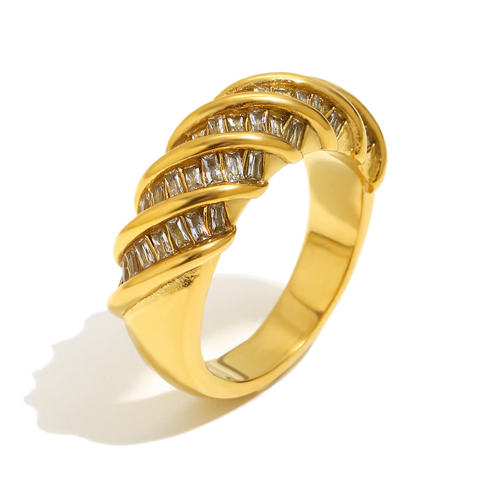 Minimalist Geometric Stainless Steel Ring with 18K Gold Plating and Twisted Rectangular Band for Women