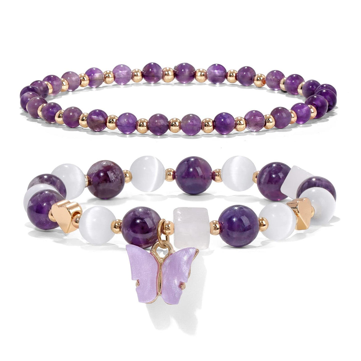Minimalist Natural Amethyst and White Cat's Eye Crystal Chip Beaded Bracelet with Butterfly Charm for Women